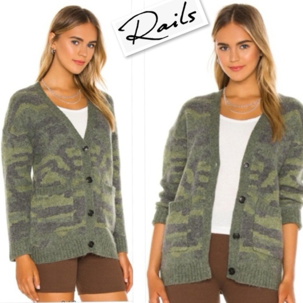 Rails Olive Green Camo Print Fuzzy Knit Button-Front Cardigan
